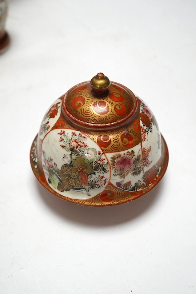 Japanese Kutani, Satsuma and Imari; four vases, a bowl, a pair of candlesticks and a pot (8). Condition - candle sticks damaged